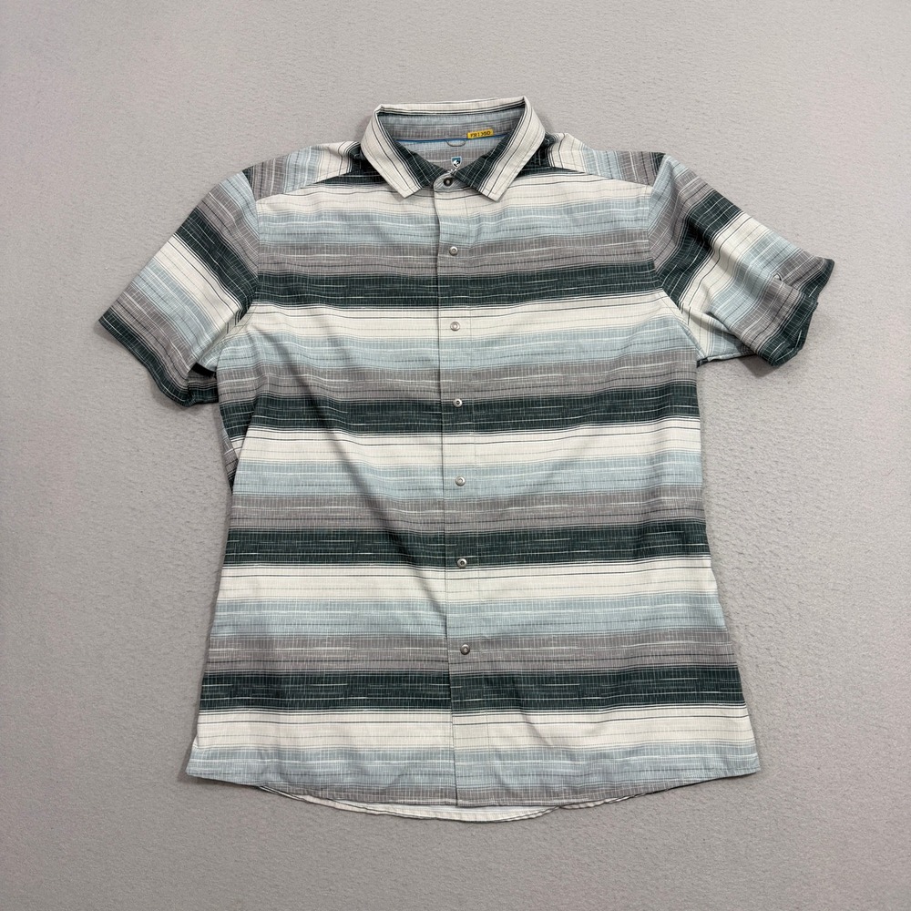 KUHL Shirt Large Gray Ikonik Persuadr Short Sleeve Striped Snap Front Outdoor
